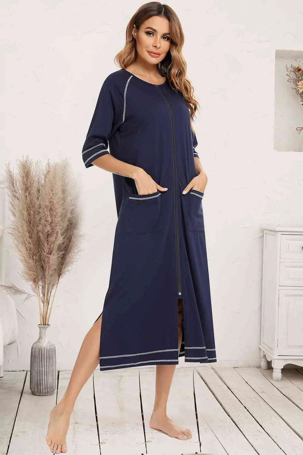 Zip Up Slit Round Neck Night Dress with Pockets sold by Charming Charlie