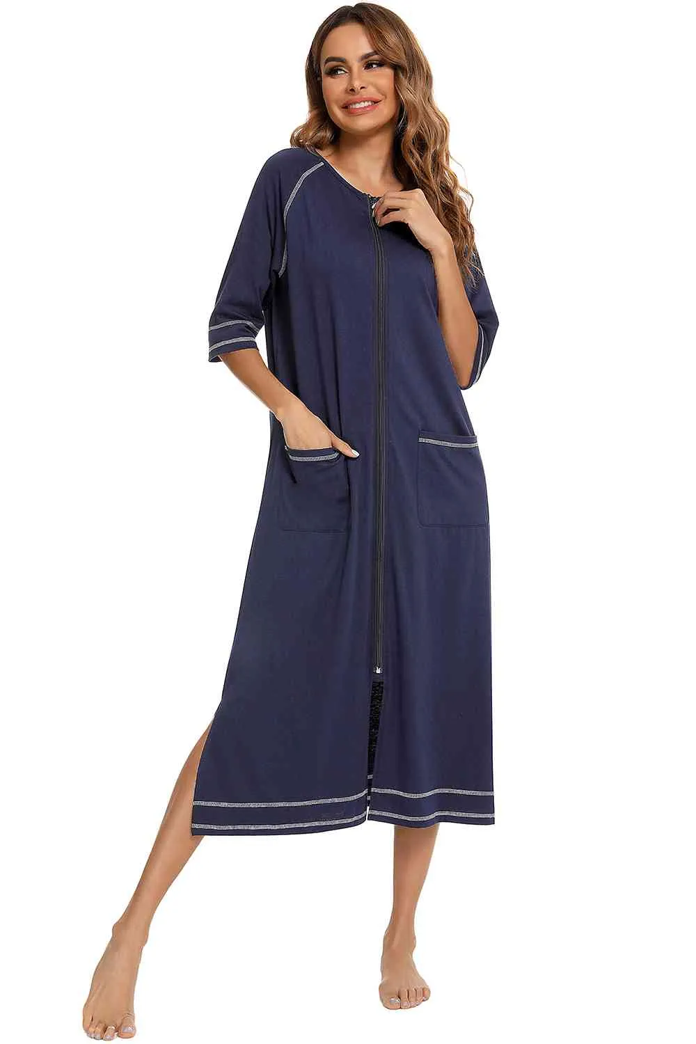 Zip Up Slit Round Neck Night Dress with Pockets sold by Charming Charlie product image thumbnail 3