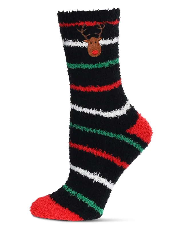 Women's Striped Reindeer Embroidery Cozy Crew Socks made by Charming Charlie