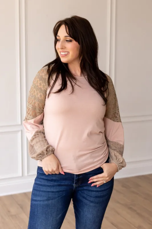 Powder Pink Lace Patch Sleeve Top sold by Charming Charlie
