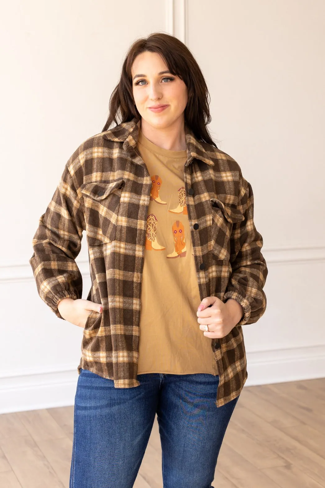 Morning Coffee Oversized Shacket sold by Charming Charlie