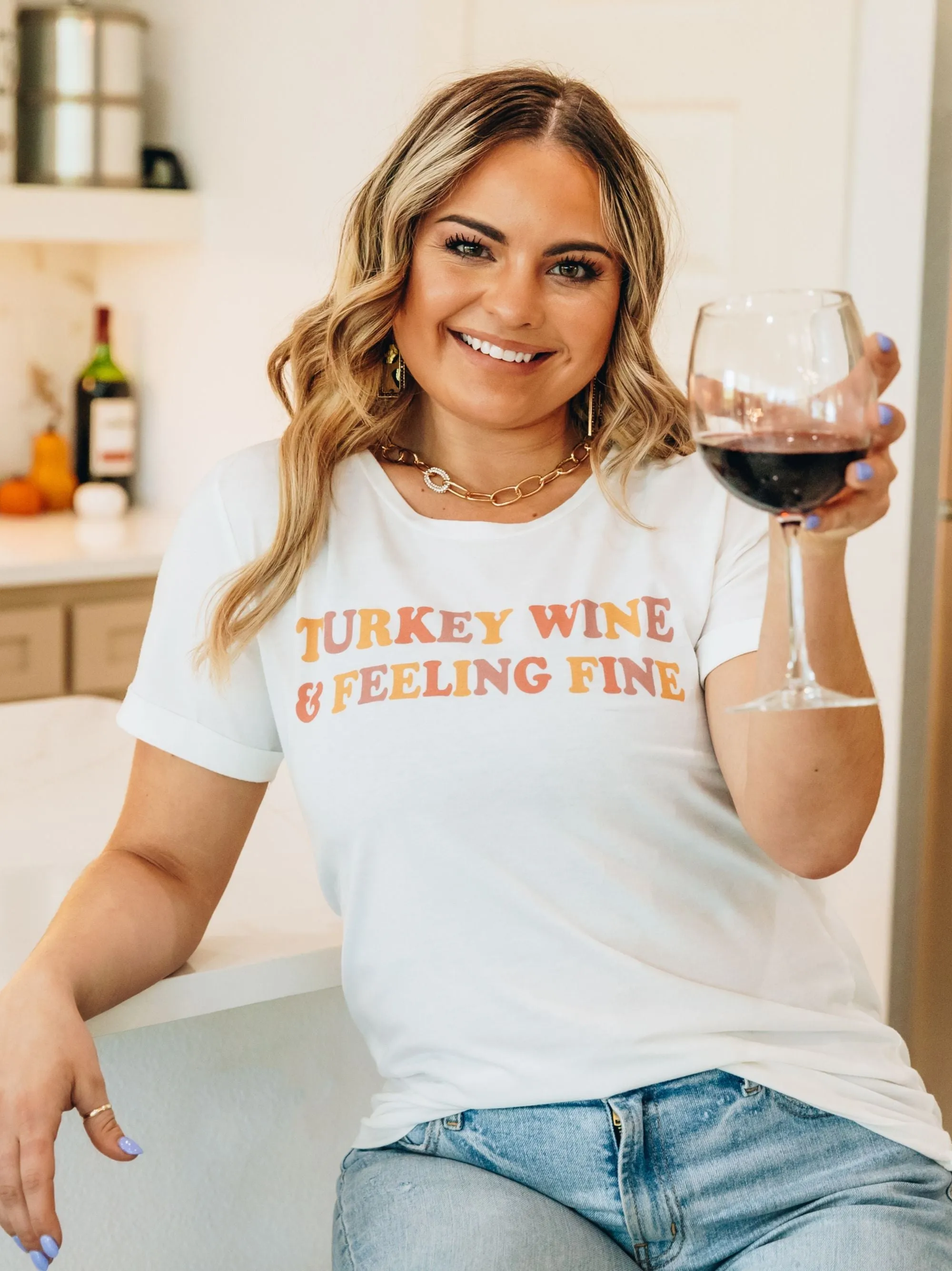 Turkey Wine and Feeling Fine on Vanilla Bean-White Cuff Tee sold by Charming Charlie