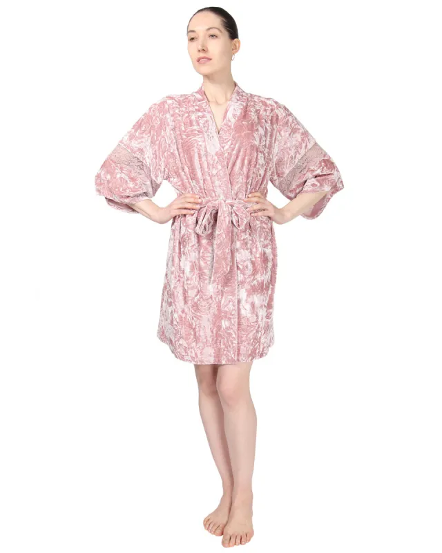 Women's Crushed Velvet Floral Lace Trim Kimono Robe sold by Charming Charlie