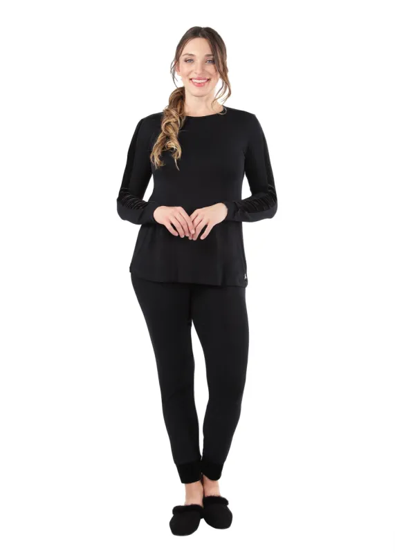 Women's Velvet Racing Stripe Trim Long Sleeve Pajama Set sold by Charming Charlie