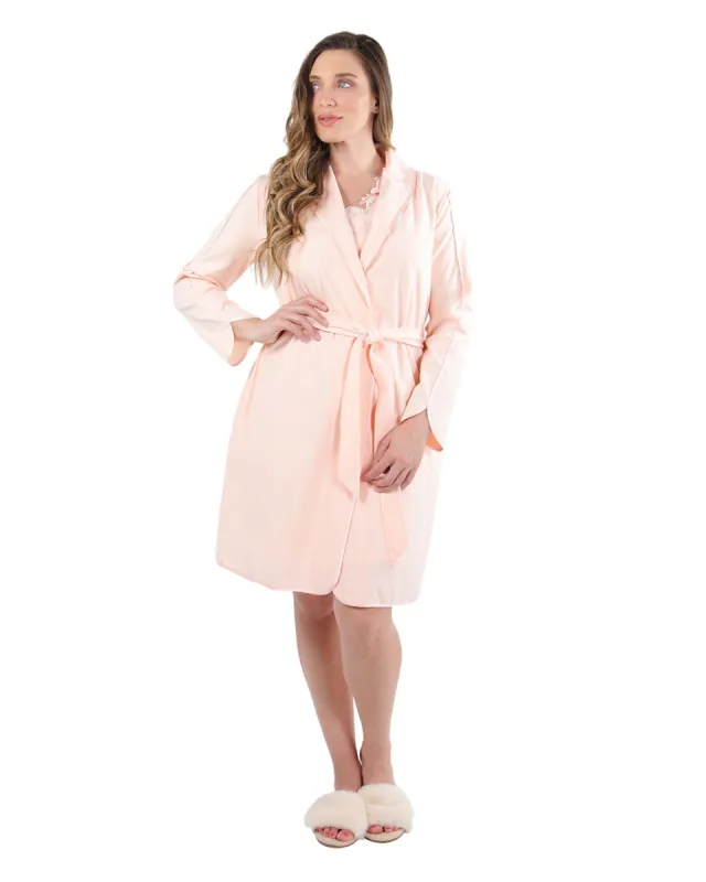 Women's Lace Applique Cotton Blend Robe with Satin Weave Trim sold by Charming Charlie