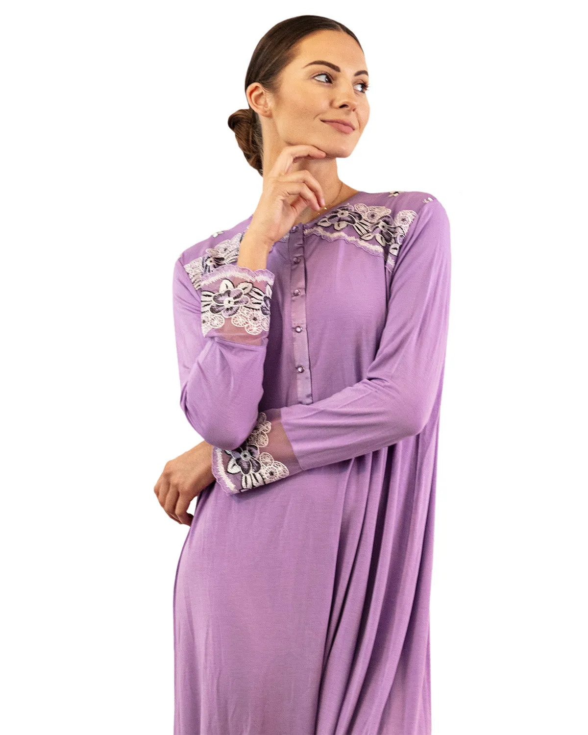 Women's Modest Lace Cuff and Shoulder Accent Ankle Length Nightgown sold by Charming Charlie product image thumbnail 2