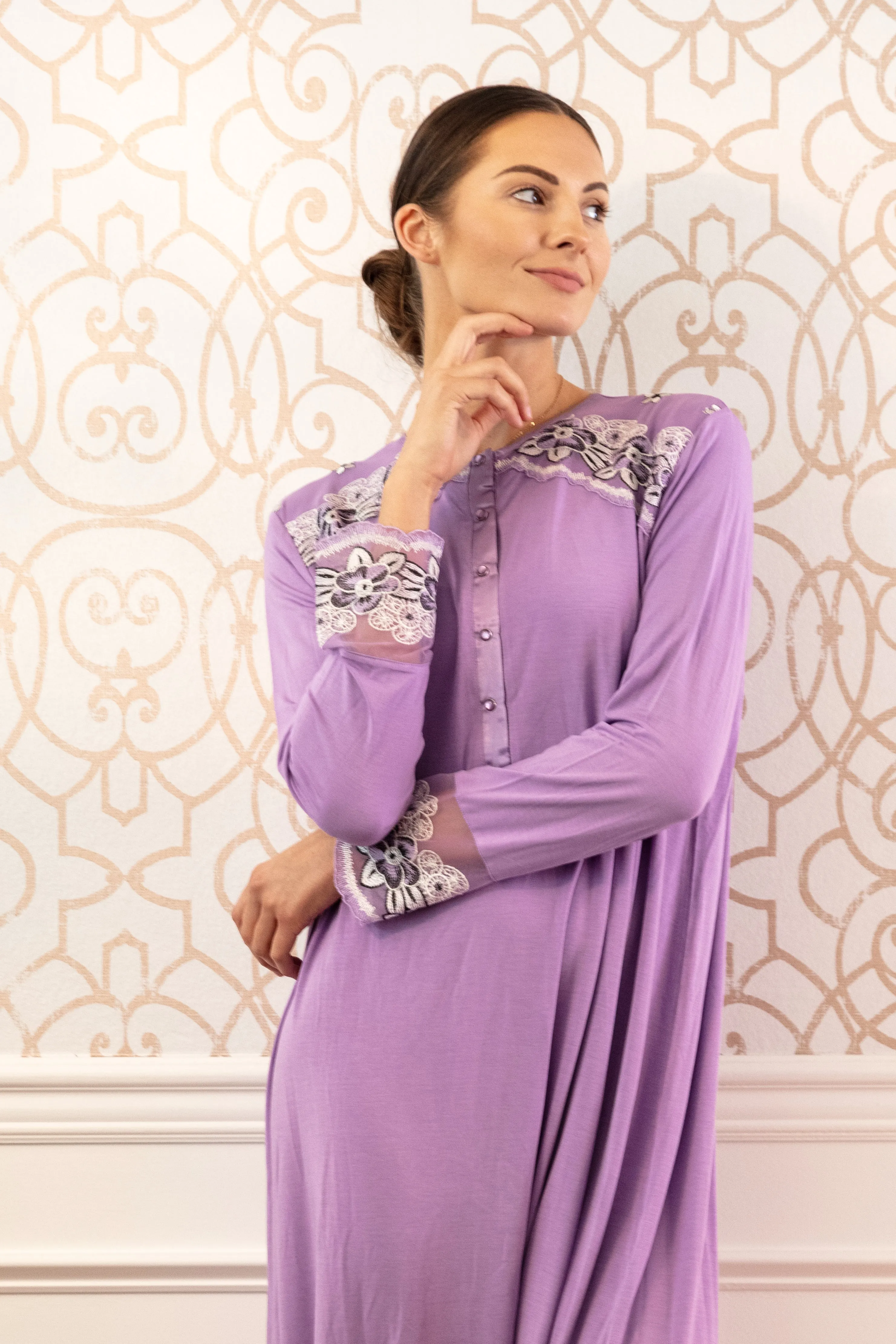 Women's Modest Lace Cuff and Shoulder Accent Ankle Length Nightgown sold by Charming Charlie product image thumbnail 3