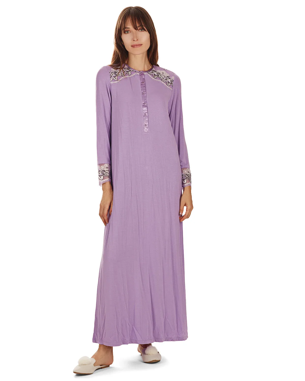 Women's Modest Lace Cuff and Shoulder Accent Ankle Length Nightgown sold by Charming Charlie