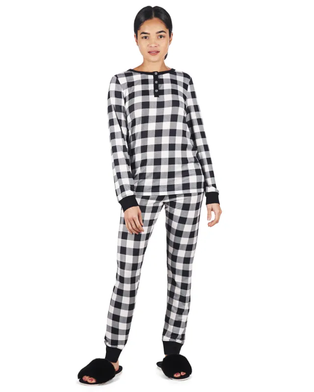Women's Henley Buffalo Plaid Long Sleeve Pajama Set sold by Charming Charlie