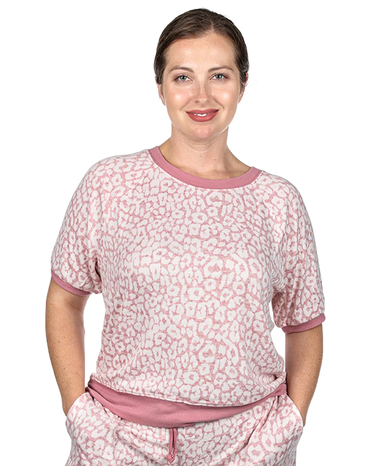 Women's Pink Leopard Print Short Sleeve Sweatshirt sold by Charming Charlie