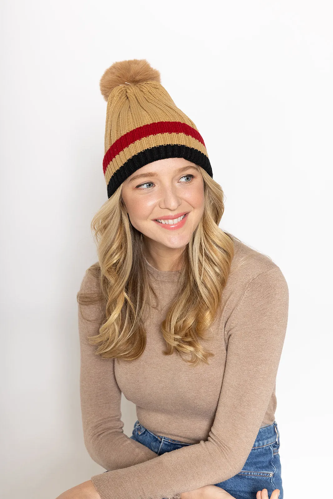 Stripe Rib Beanie With Faux Fur Pom sold by Charming Charlie product image thumbnail 3