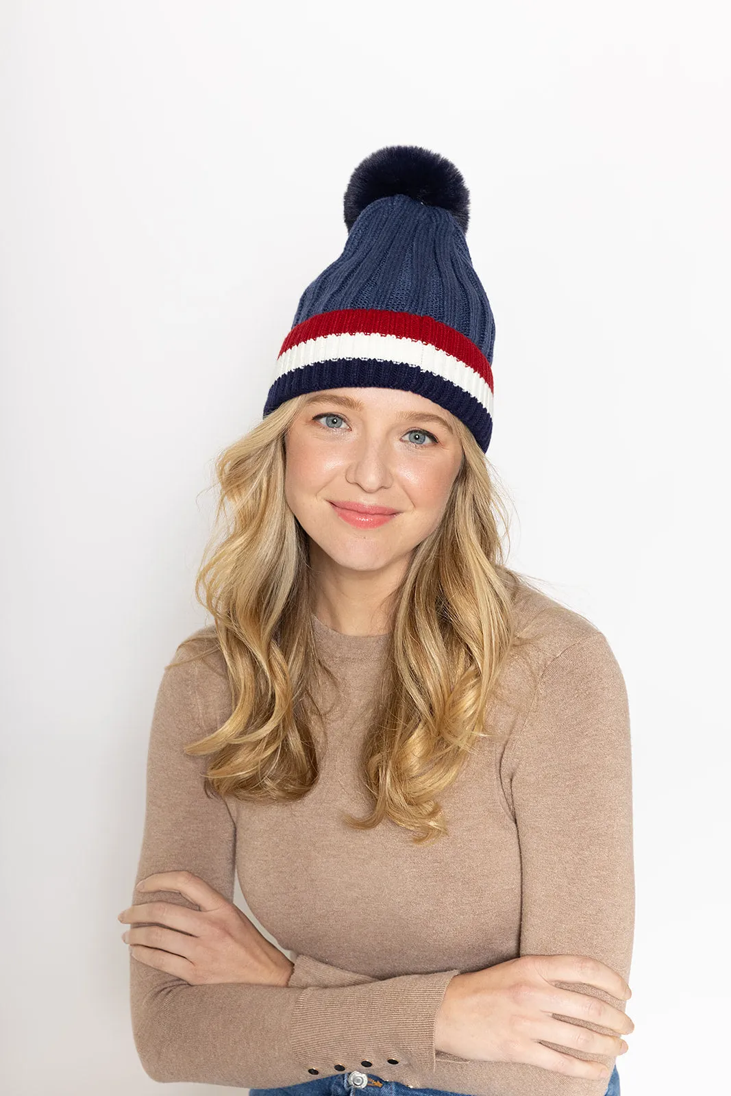Stripe Rib Beanie With Faux Fur Pom sold by Charming Charlie product image thumbnail 4