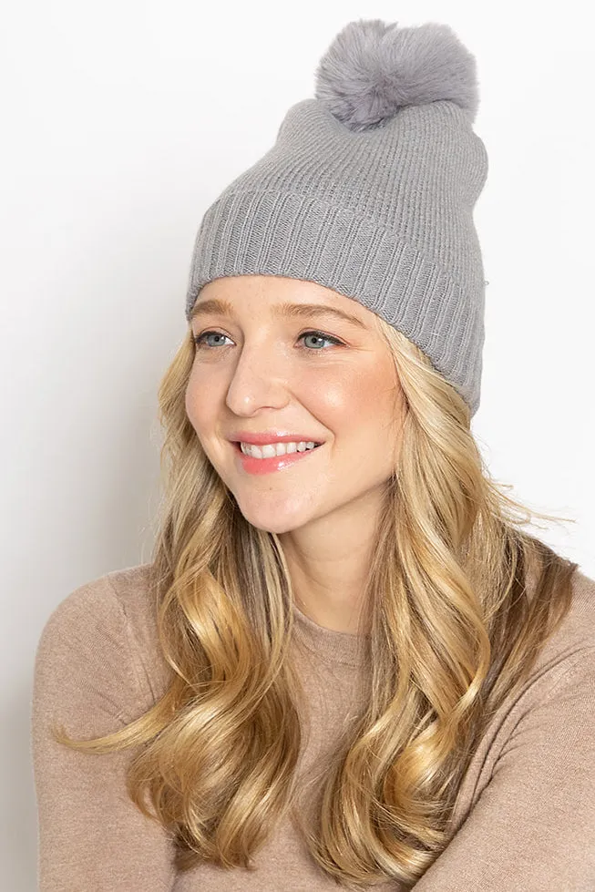 Solid Knit Beanie With Faux Fur Pom sold by Charming Charlie