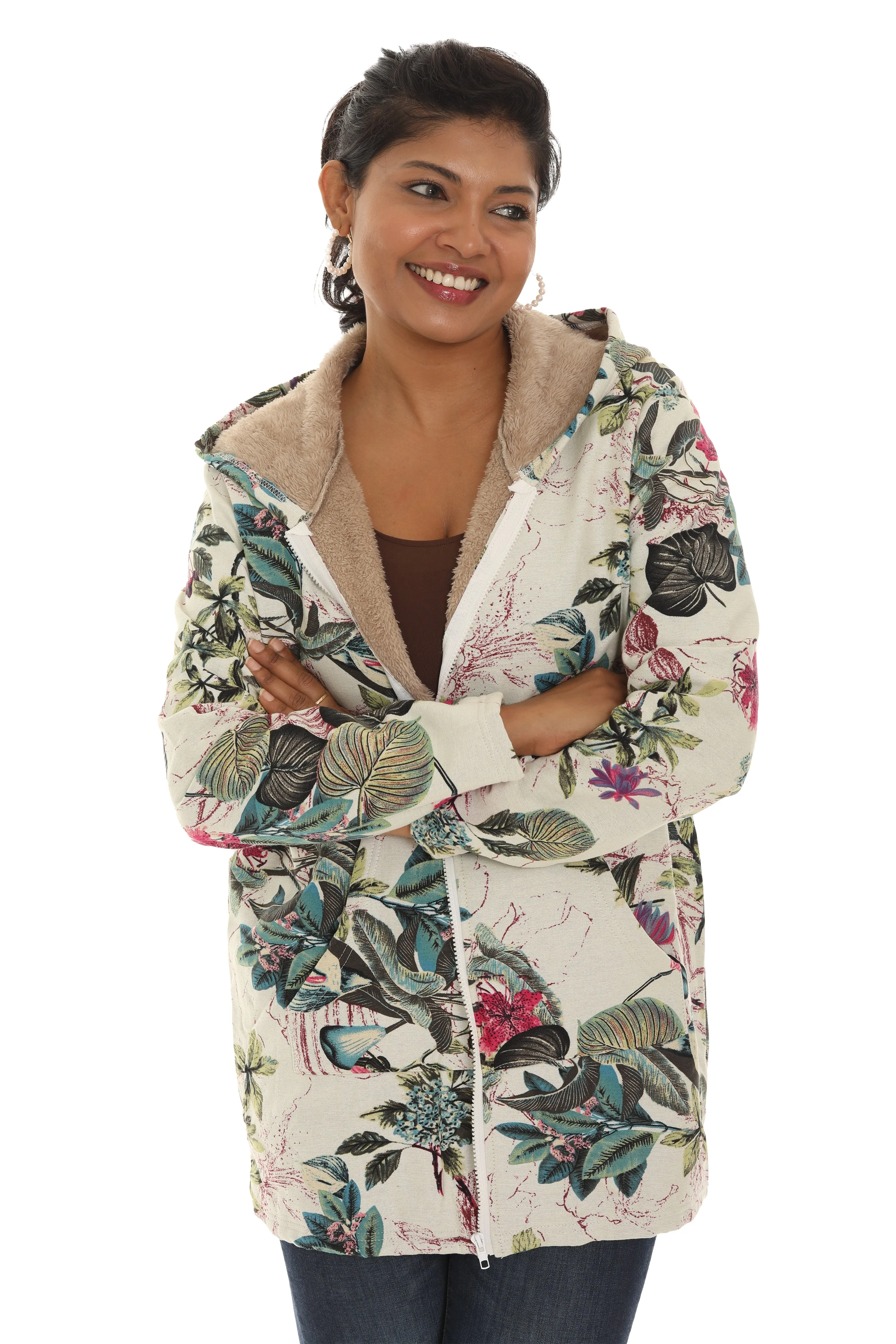 Zip-UP Leaf Print Fur Lined Hoodie Jacket sold by Charming Charlie