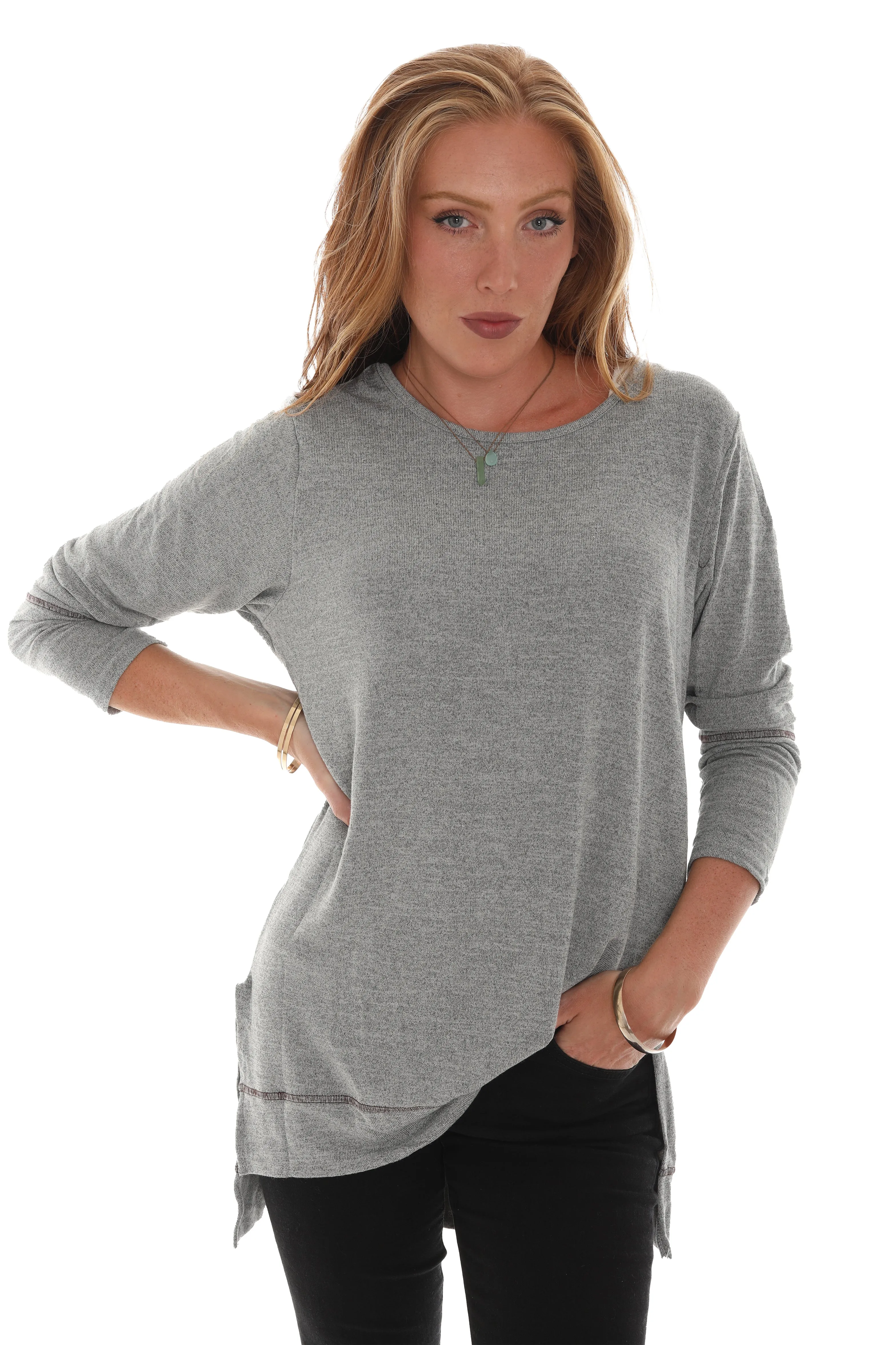Long Sleeve Split Side Loose Tunic Top sold by Charming Charlie