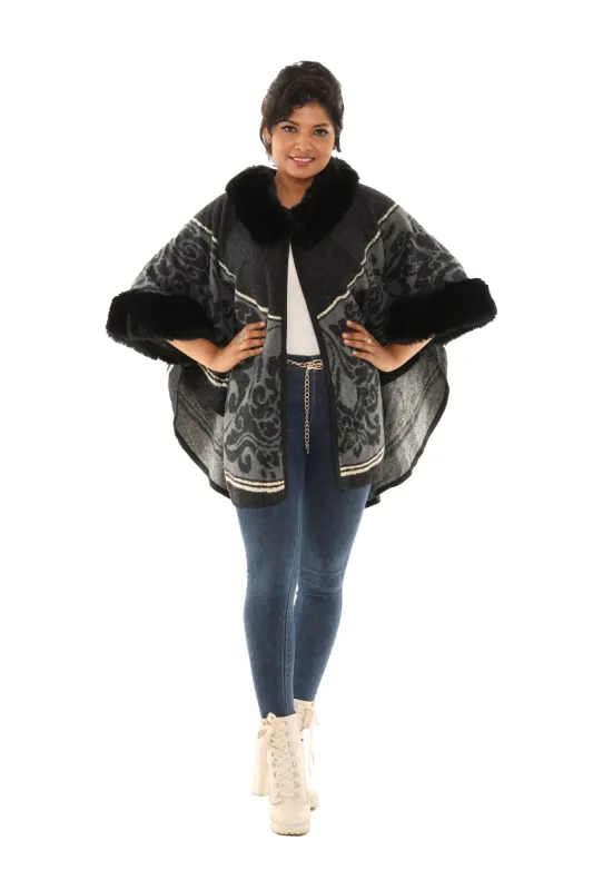 Faux Fur Trimmed Retro Floral Print Black and Gold Poncho sold by Charming Charlie