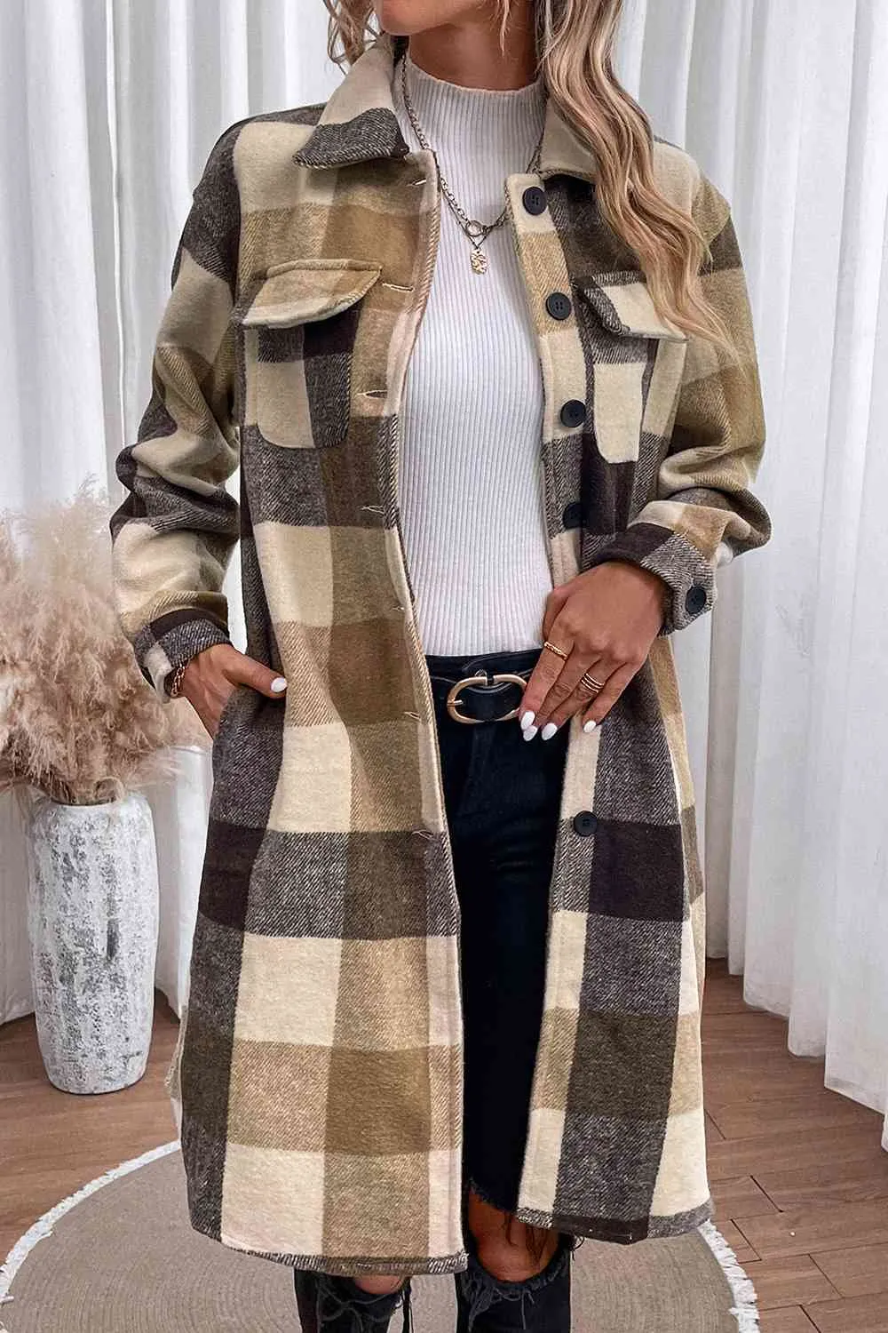 Plaid Button Down Longline Coat sold by Charming Charlie product image thumbnail 4