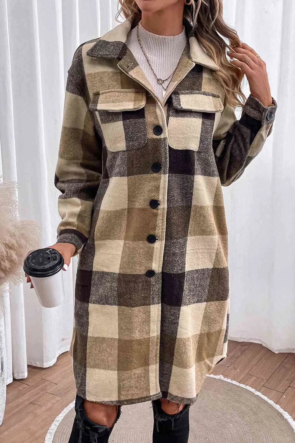 Plaid Button Down Longline Coat sold by Charming Charlie