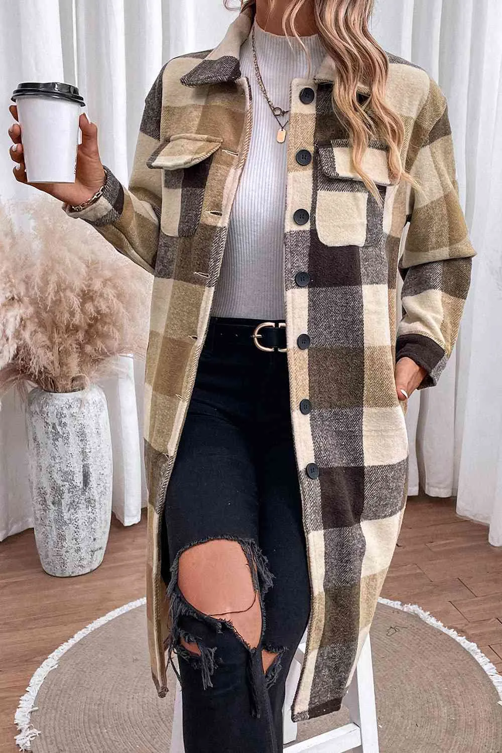 Plaid Button Down Longline Coat sold by Charming Charlie product image thumbnail 3