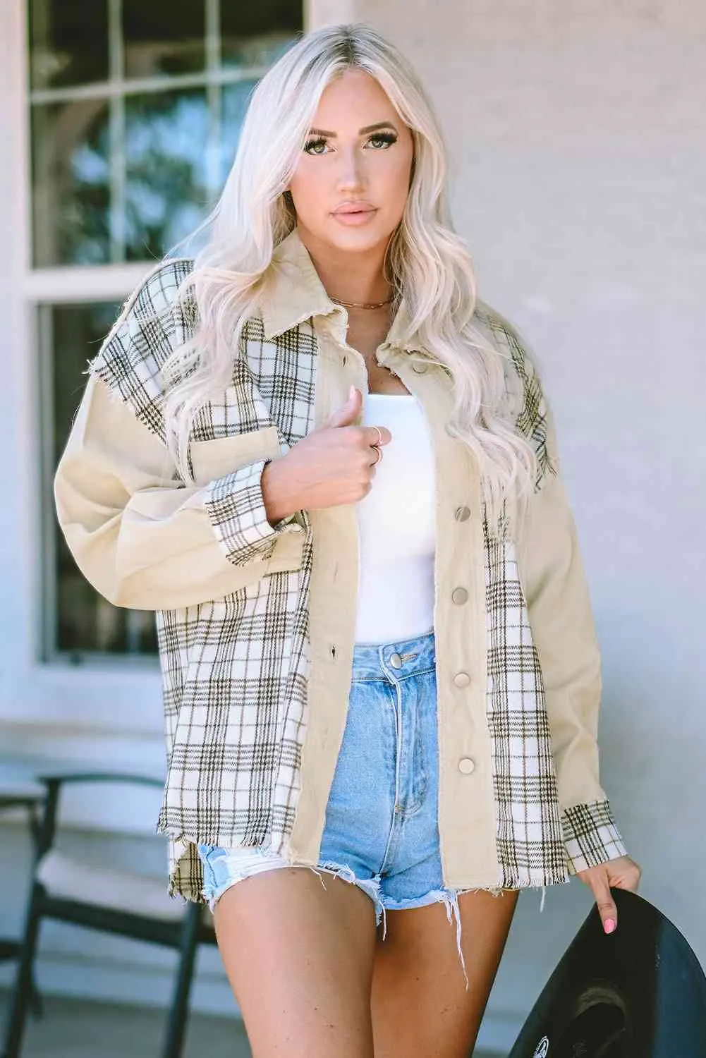 Plaid Raw Hem Button Down Jacket sold by Charming Charlie