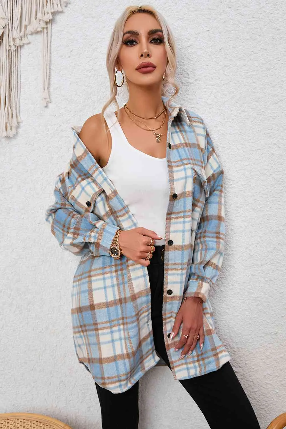 Plaid Dropped Shoulder Shirt Jacket sold by Charming Charlie product image thumbnail 3