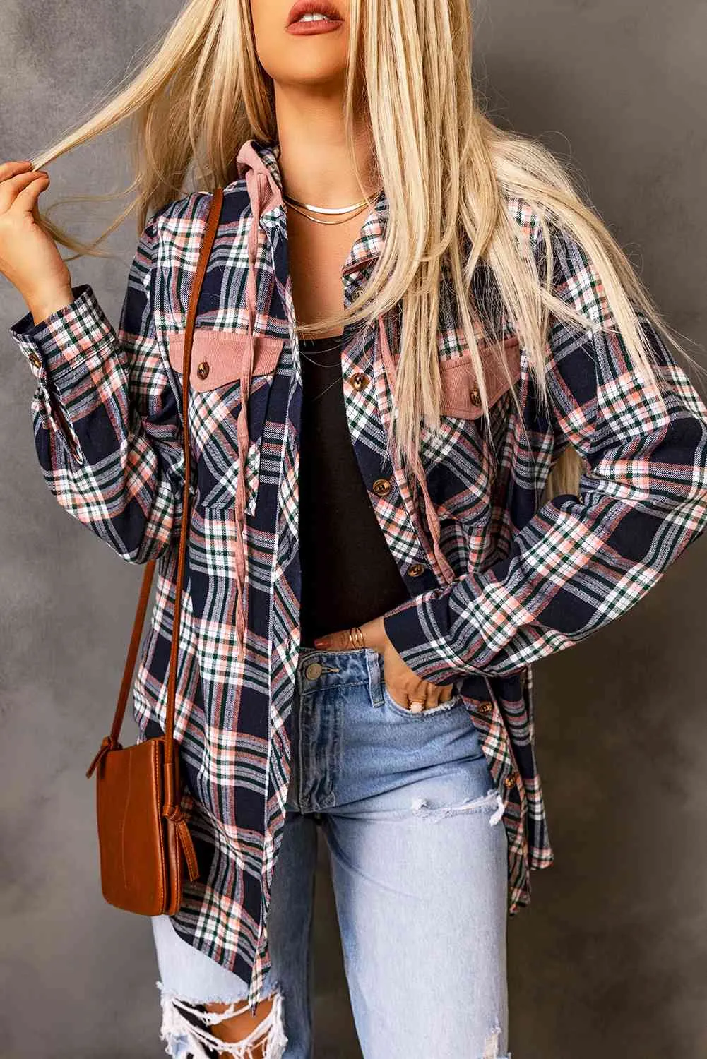 Plaid Drawstring Hooded Jacket with Pockets sold by Charming Charlie product image thumbnail 3