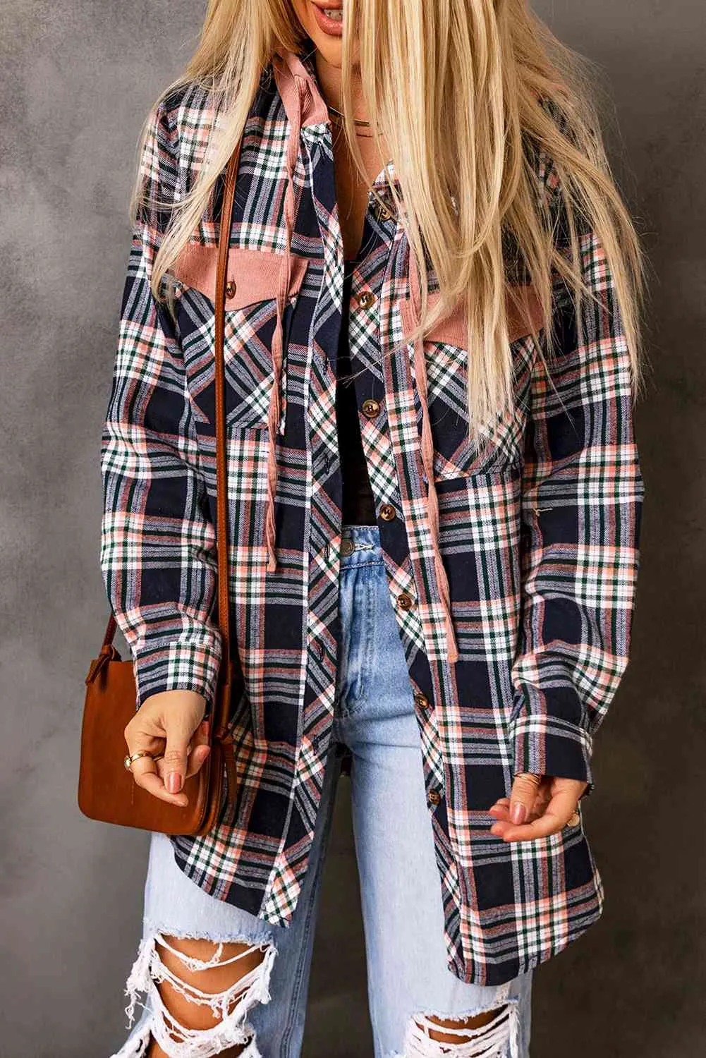 Plaid Drawstring Hooded Jacket with Pockets sold by Charming Charlie