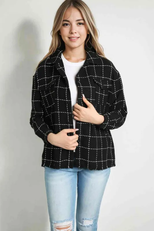 Plaid Raw Hem Jacket with Pockets sold by Charming Charlie
