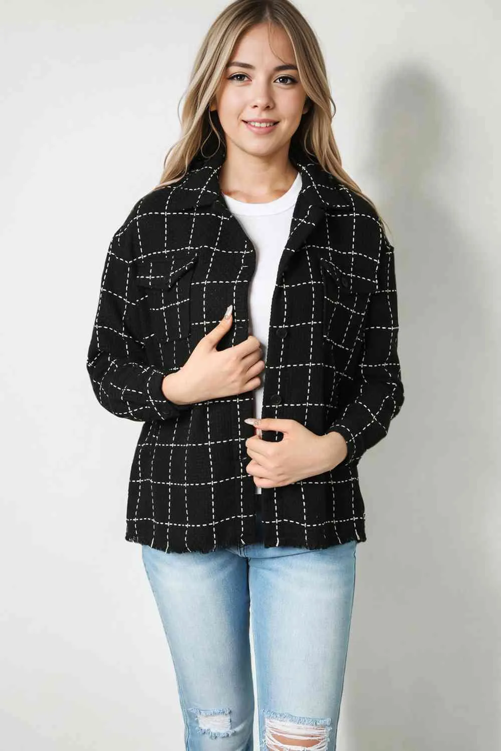 Plaid Raw Hem Jacket with Pockets sold by Charming Charlie product image thumbnail 2
