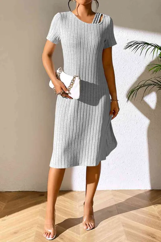 Ribbed Asymmetrical Neck Short Sleeve Dress sold by Charming Charlie