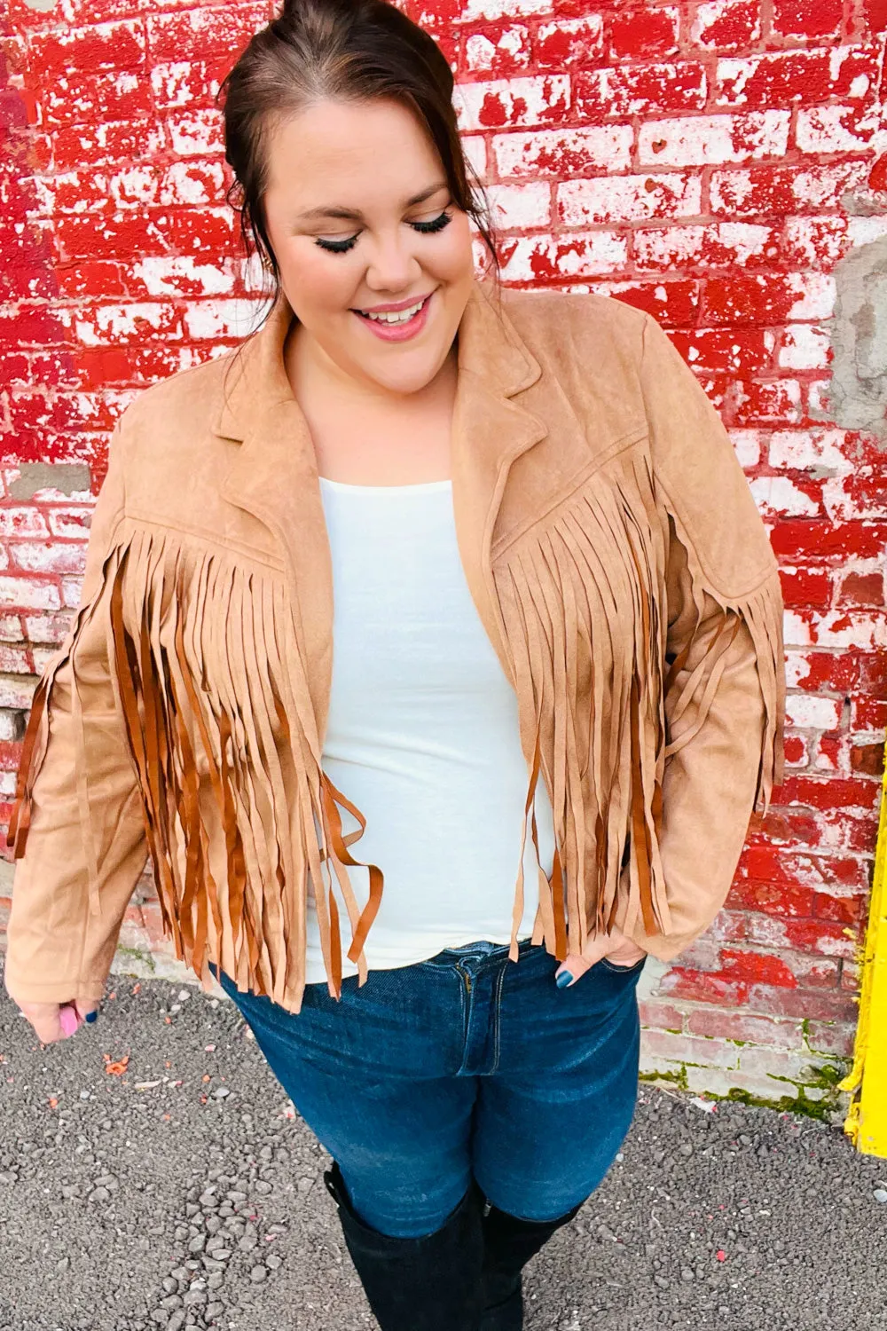 Festival Ready Camel Vegan Suede Fringe Jacket sold by Charming Charlie product image thumbnail 3