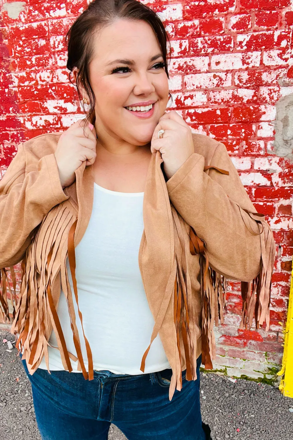 Festival Ready Camel Vegan Suede Fringe Jacket sold by Charming Charlie