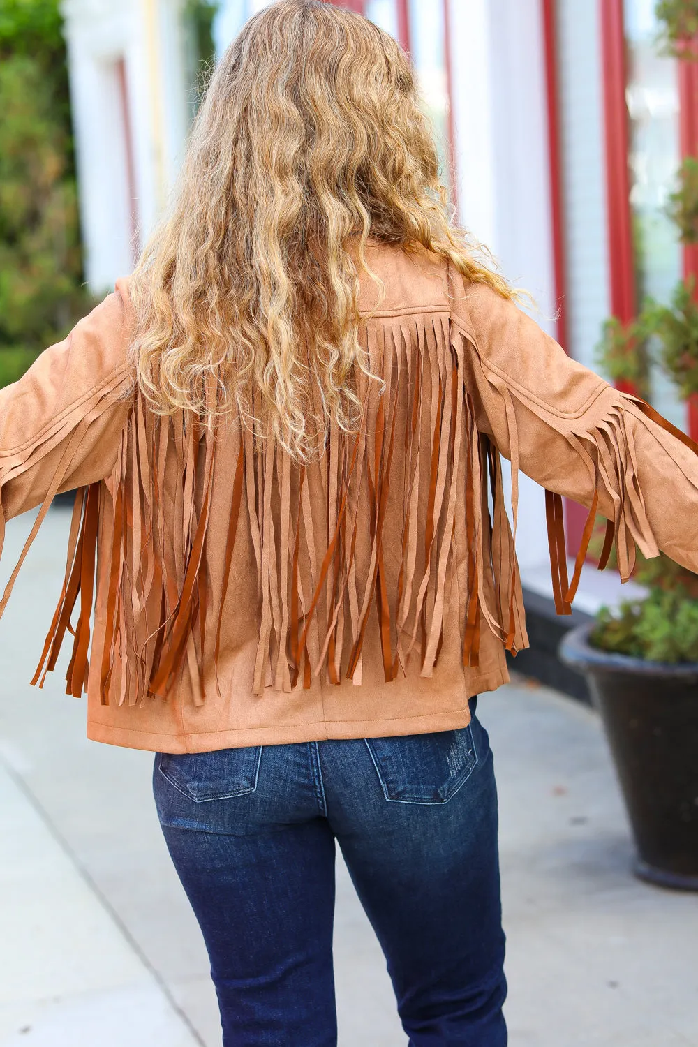 Festival Ready Camel Vegan Suede Fringe Jacket sold by Charming Charlie product image thumbnail 4
