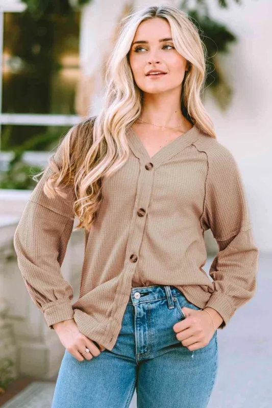 Button Down V-Neck Waffle Knit Shirt sold by Charming Charlie