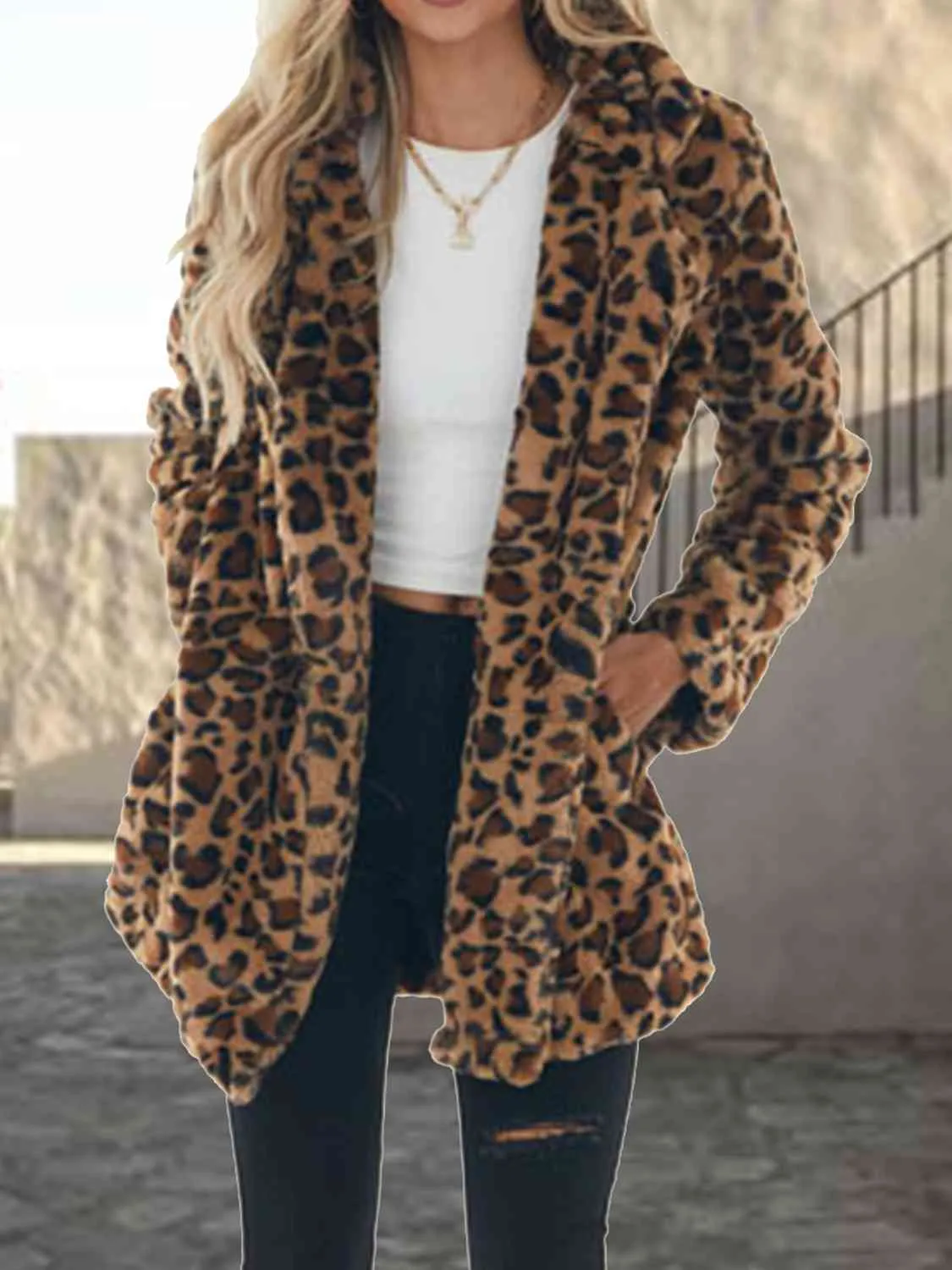 Leopard Collared Neck Coat with Pockets sold by Charming Charlie product image thumbnail 3