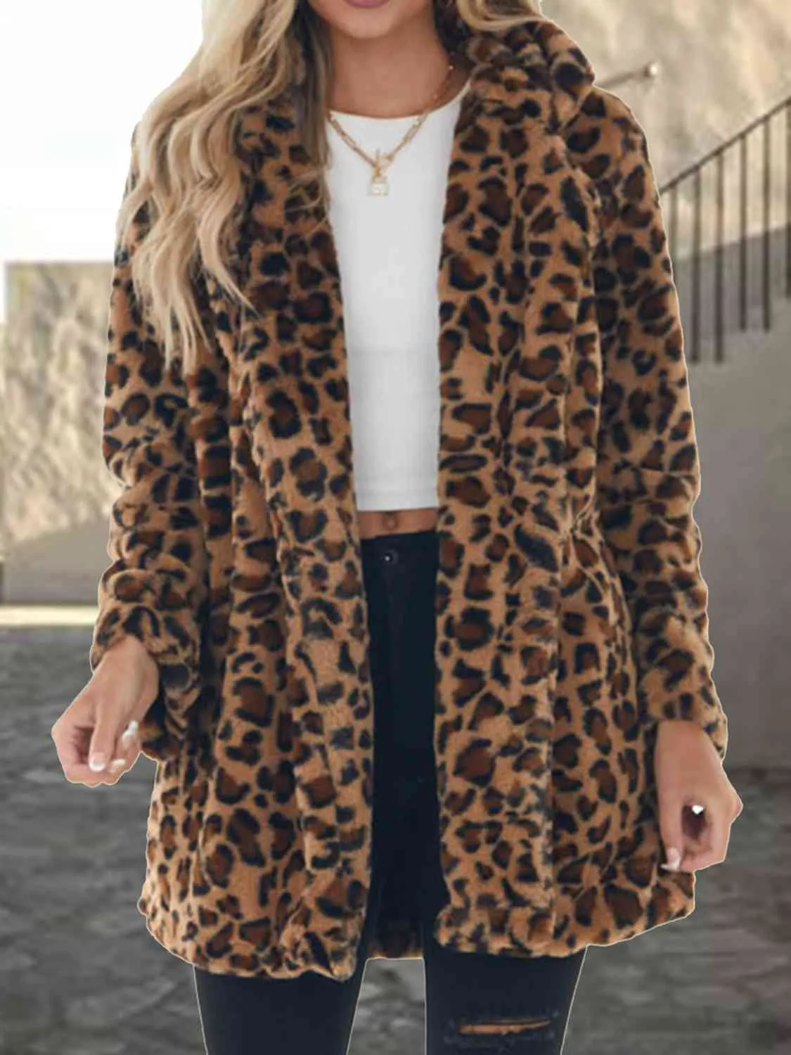 Leopard Collared Neck Coat with Pockets sold by Charming Charlie