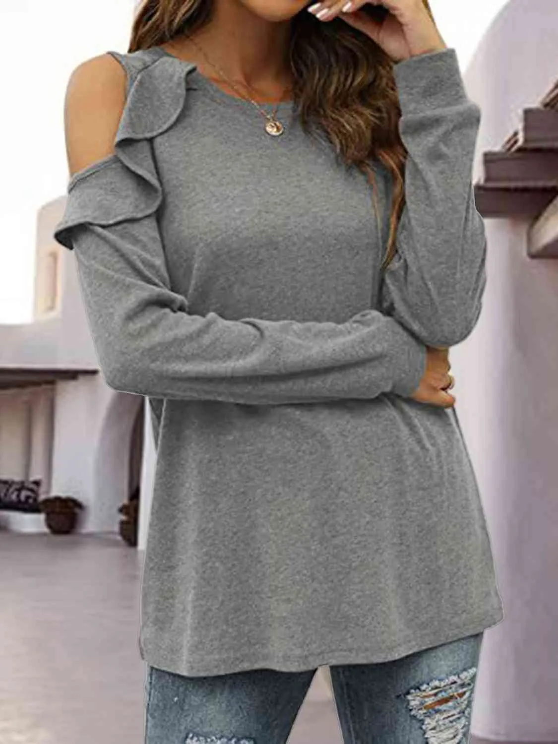 Round Neck Ruffled Cold-Shoulder Blouse sold by Charming Charlie