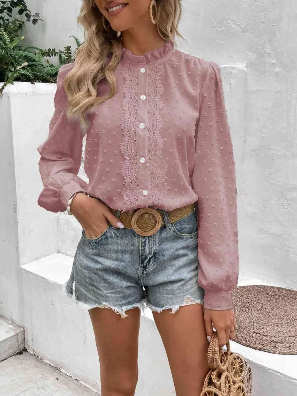 Swiss Dot Lace Trim Long Sleeve Shirt sold by Charming Charlie
