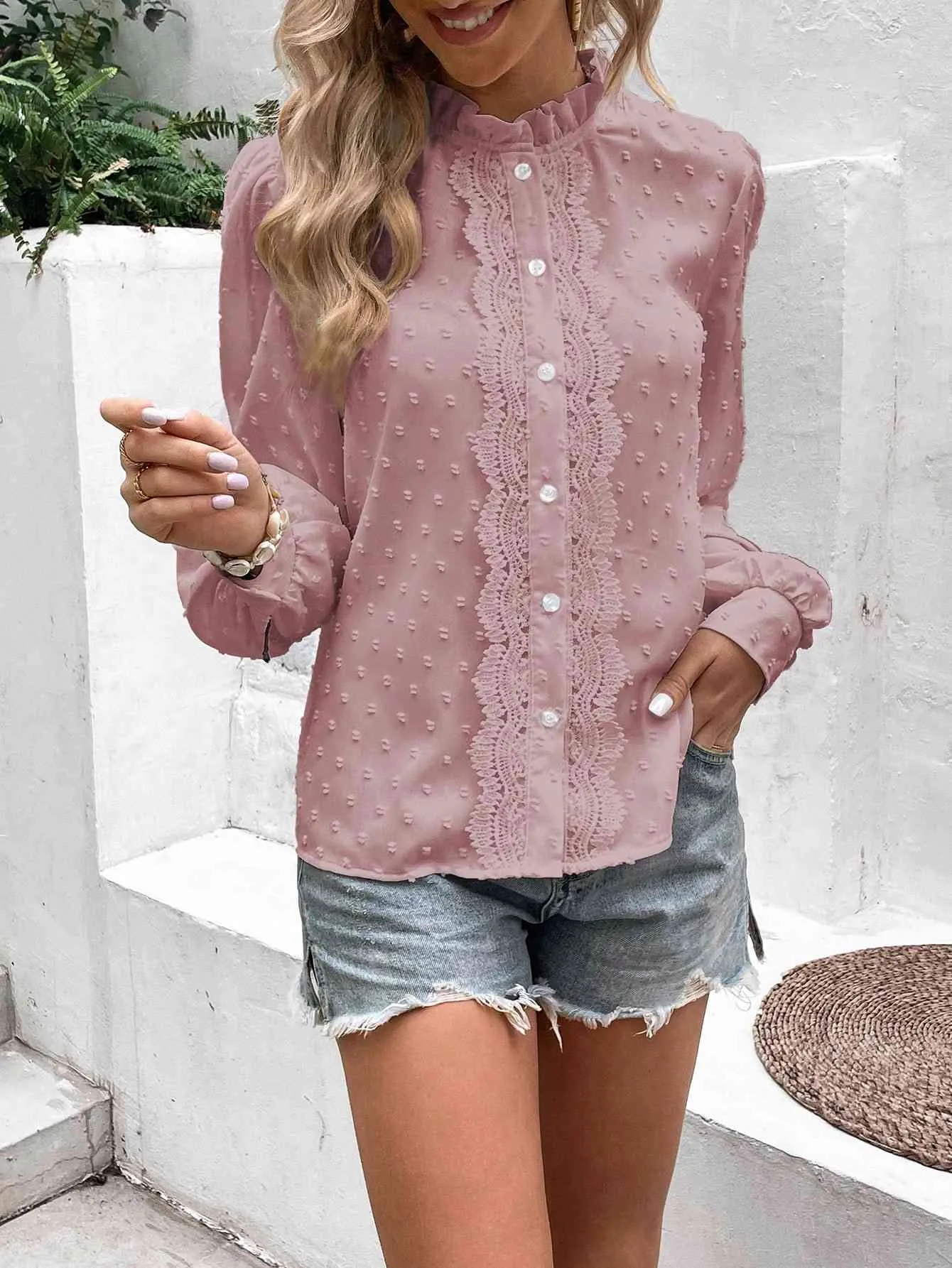 Swiss Dot Lace Trim Long Sleeve Shirt sold by Charming Charlie product image thumbnail 3