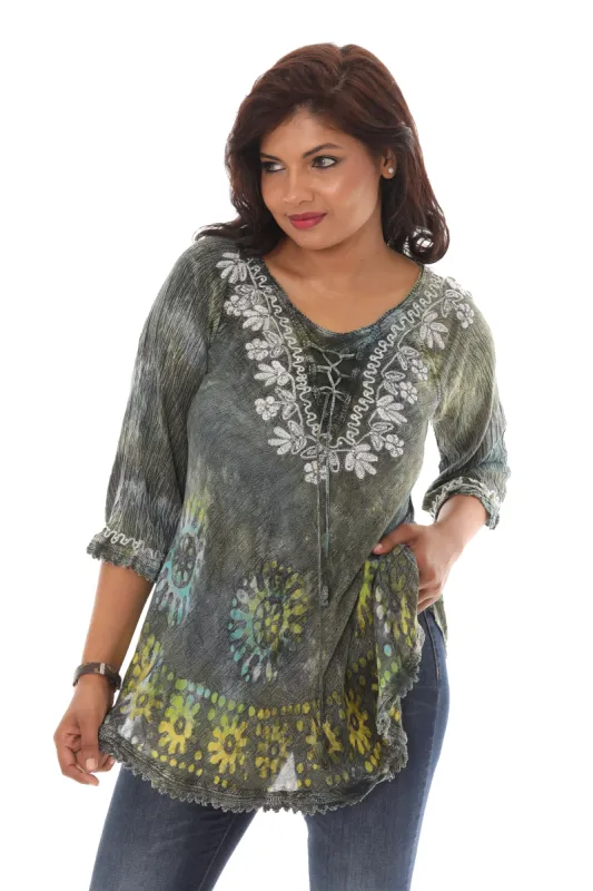 Dark Tie Dye Tunic with Floral Embroidered Embellished Neckline sold by Charming Charlie