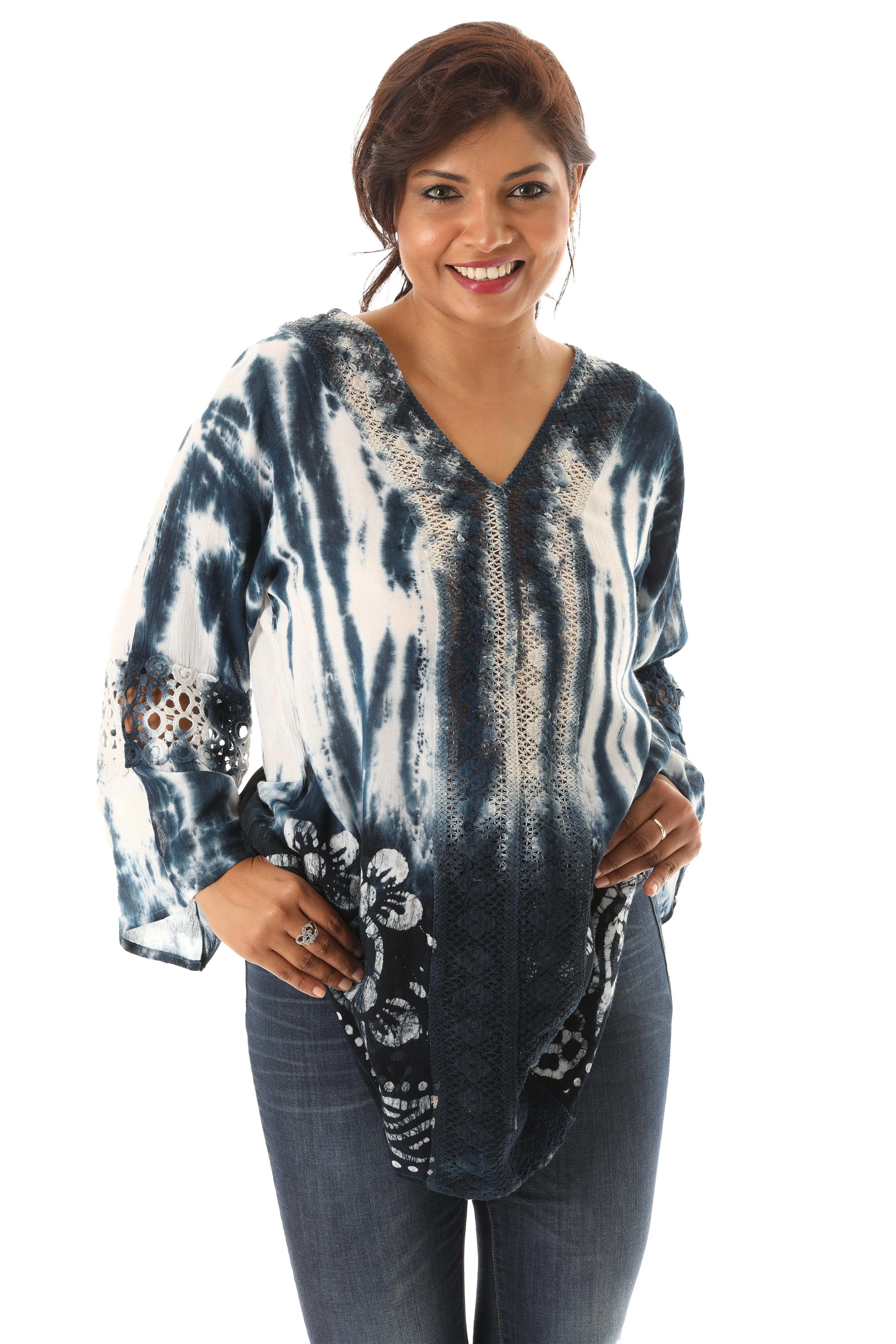 Long Sleeve Tie Dye V-Neck Tunic with Floral and Mesh Patterns sold by Charming Charlie