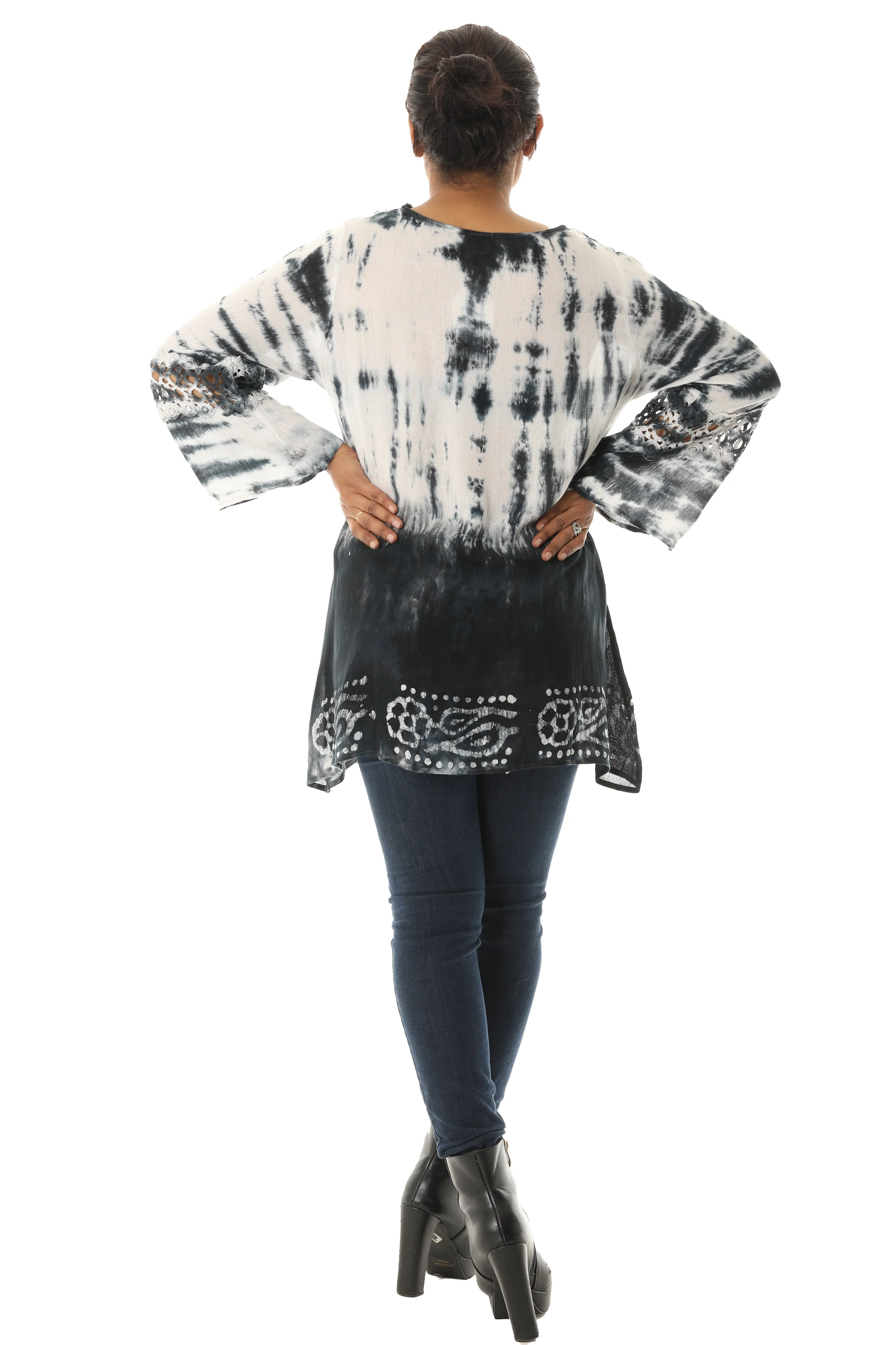 Long Sleeve Tie Dye V-Neck Tunic with Floral and Mesh Patterns sold by Charming Charlie product image thumbnail 5