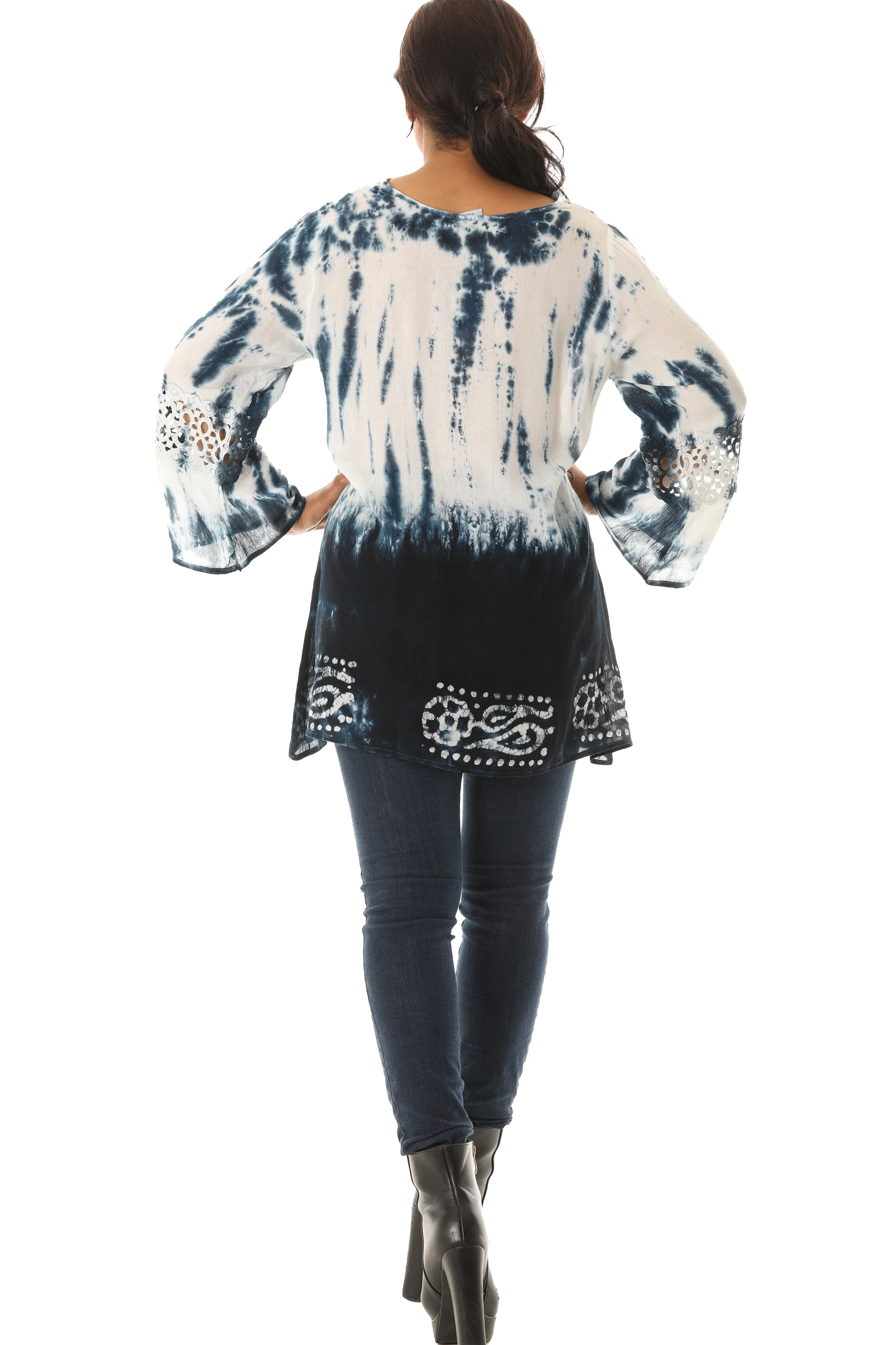 Long Sleeve Tie Dye V-Neck Tunic with Floral and Mesh Patterns sold by Charming Charlie product image thumbnail 2