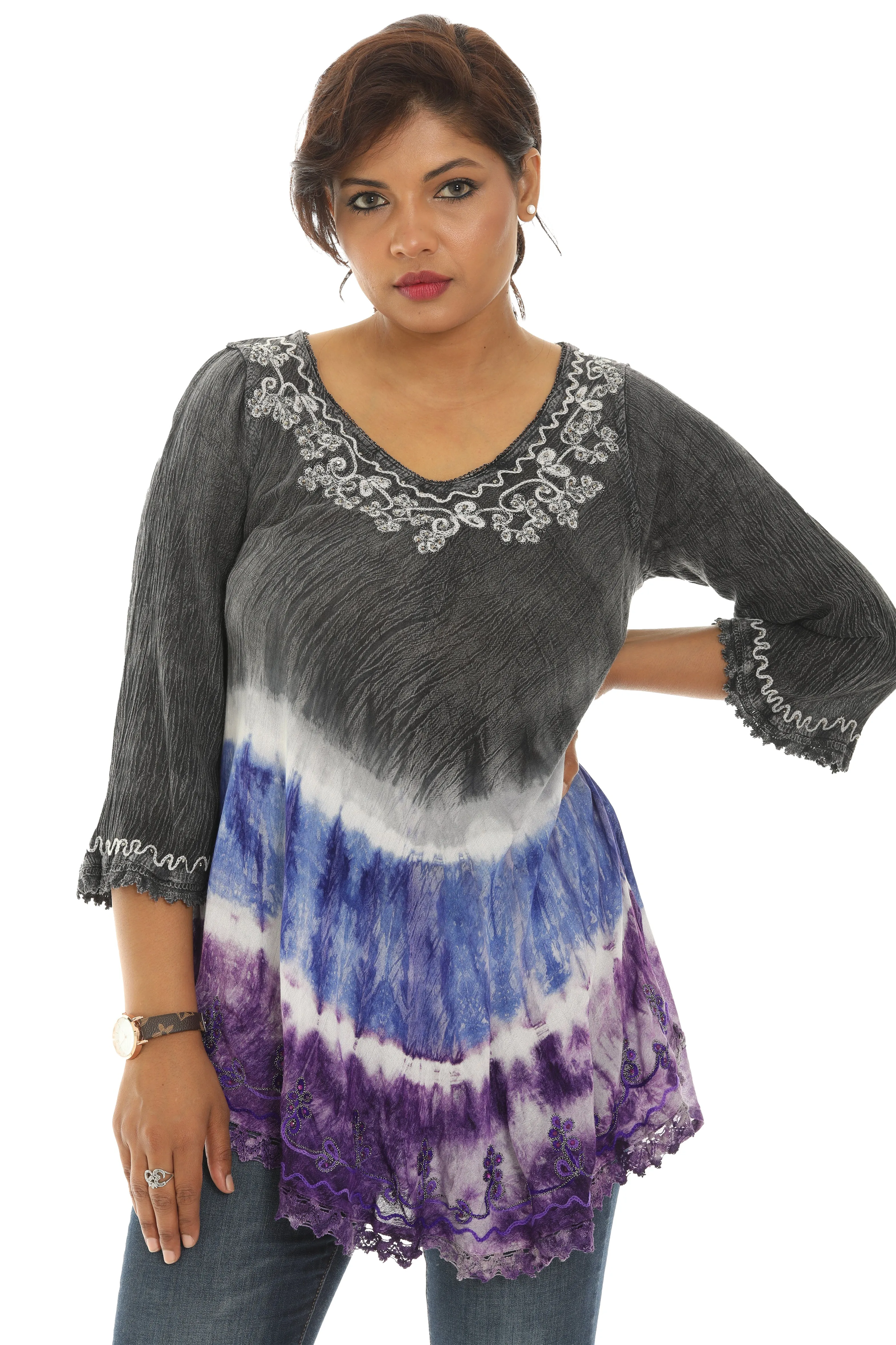 Three Quarter Sleeve Tunic with Floral Embellishment and Bold Color Pattern sold by Charming Charlie