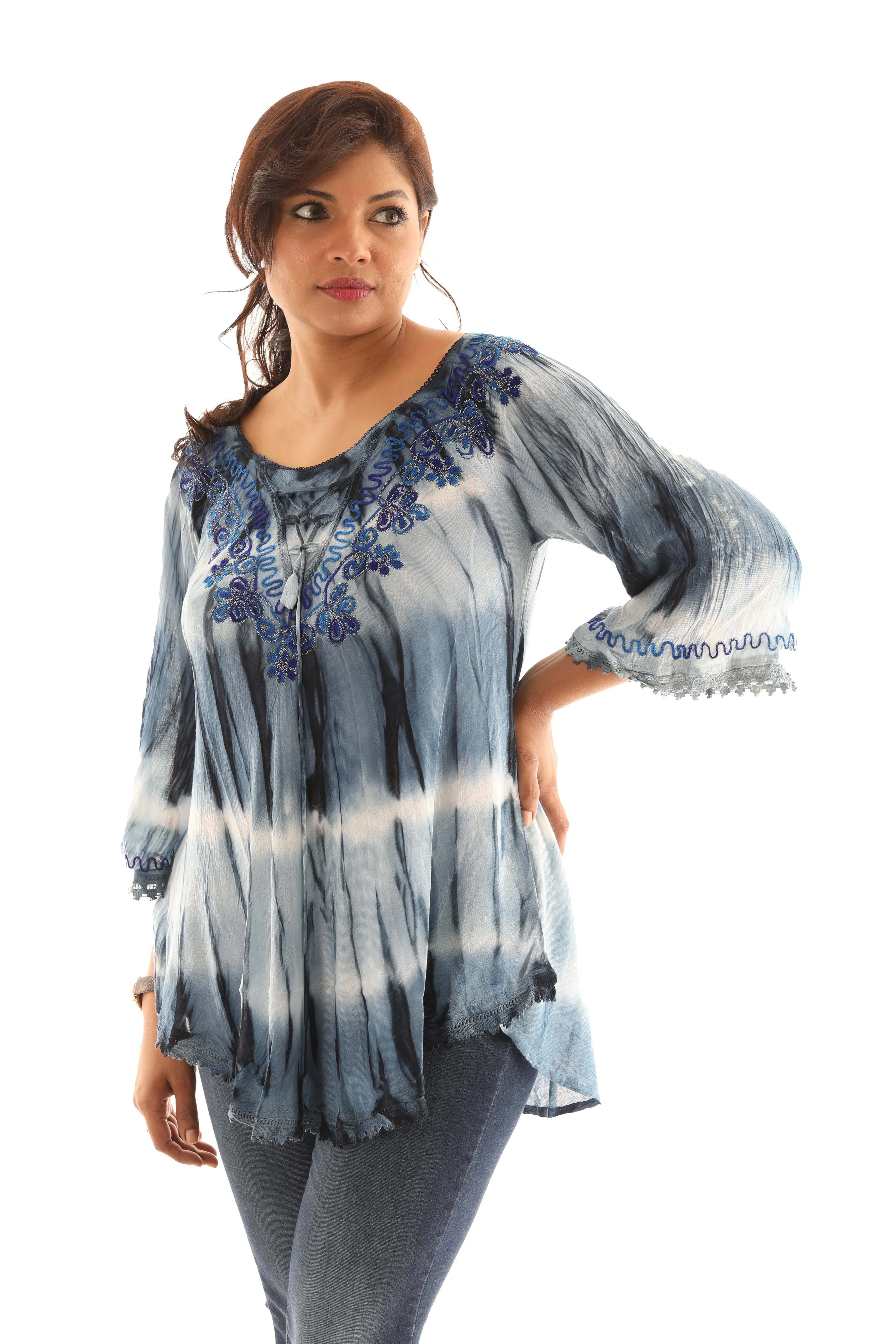 Tie Dye Stripe Pattern with Floral Embroidered Neck Line sold by Charming Charlie