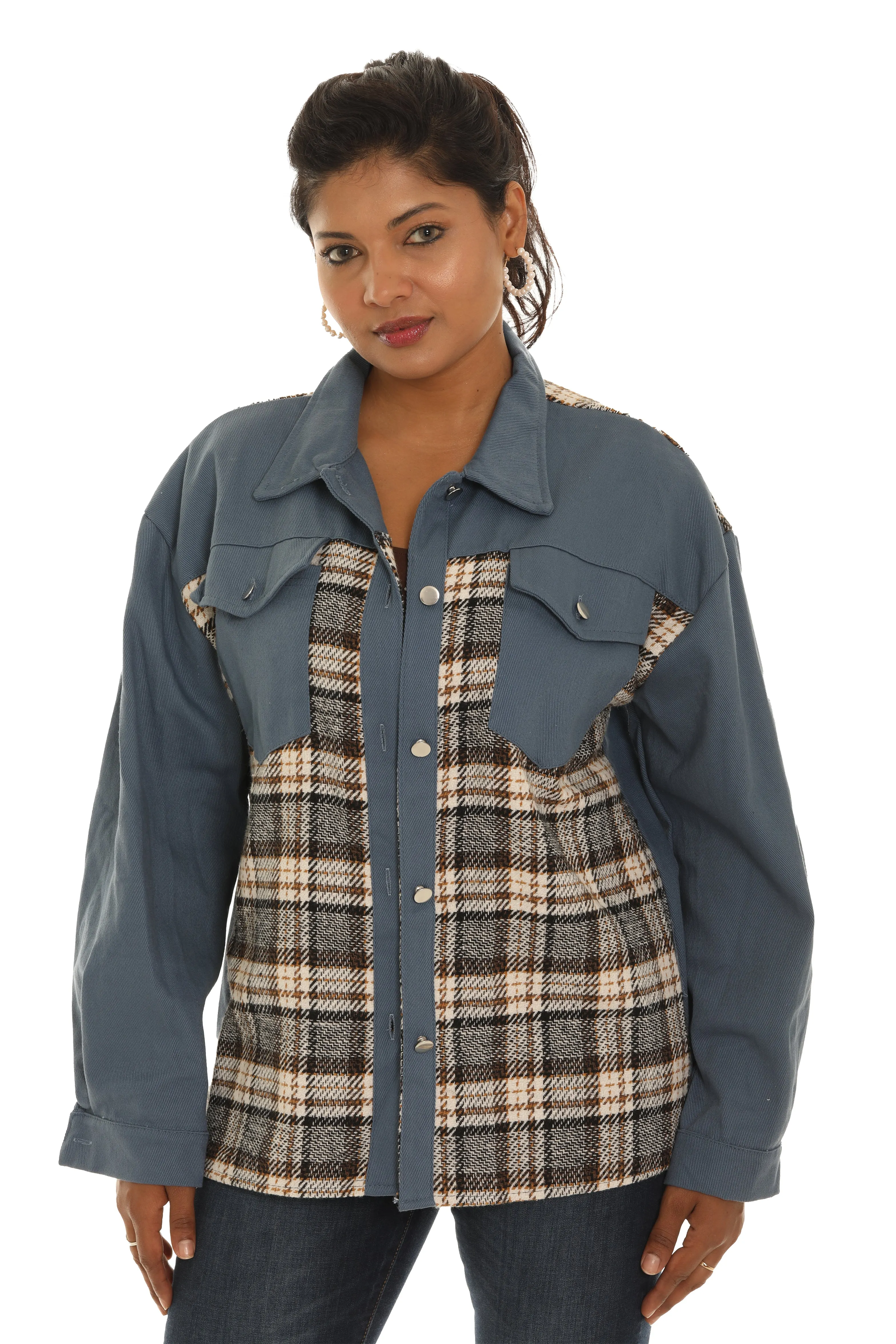 Denim Jacket with Plaid Inset sold by Charming Charlie product image thumbnail 5