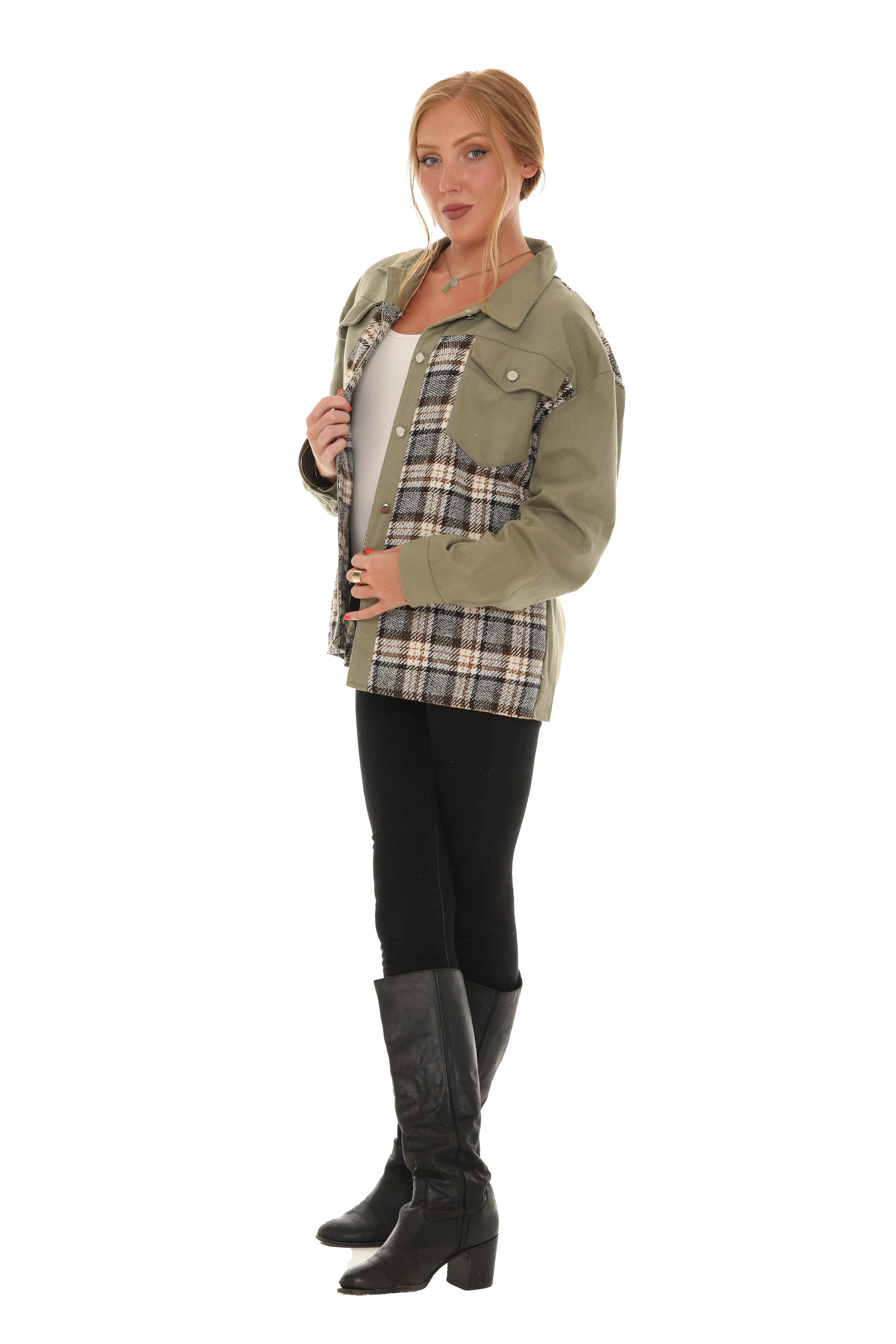 Denim Jacket with Plaid Inset sold by Charming Charlie product image thumbnail 4