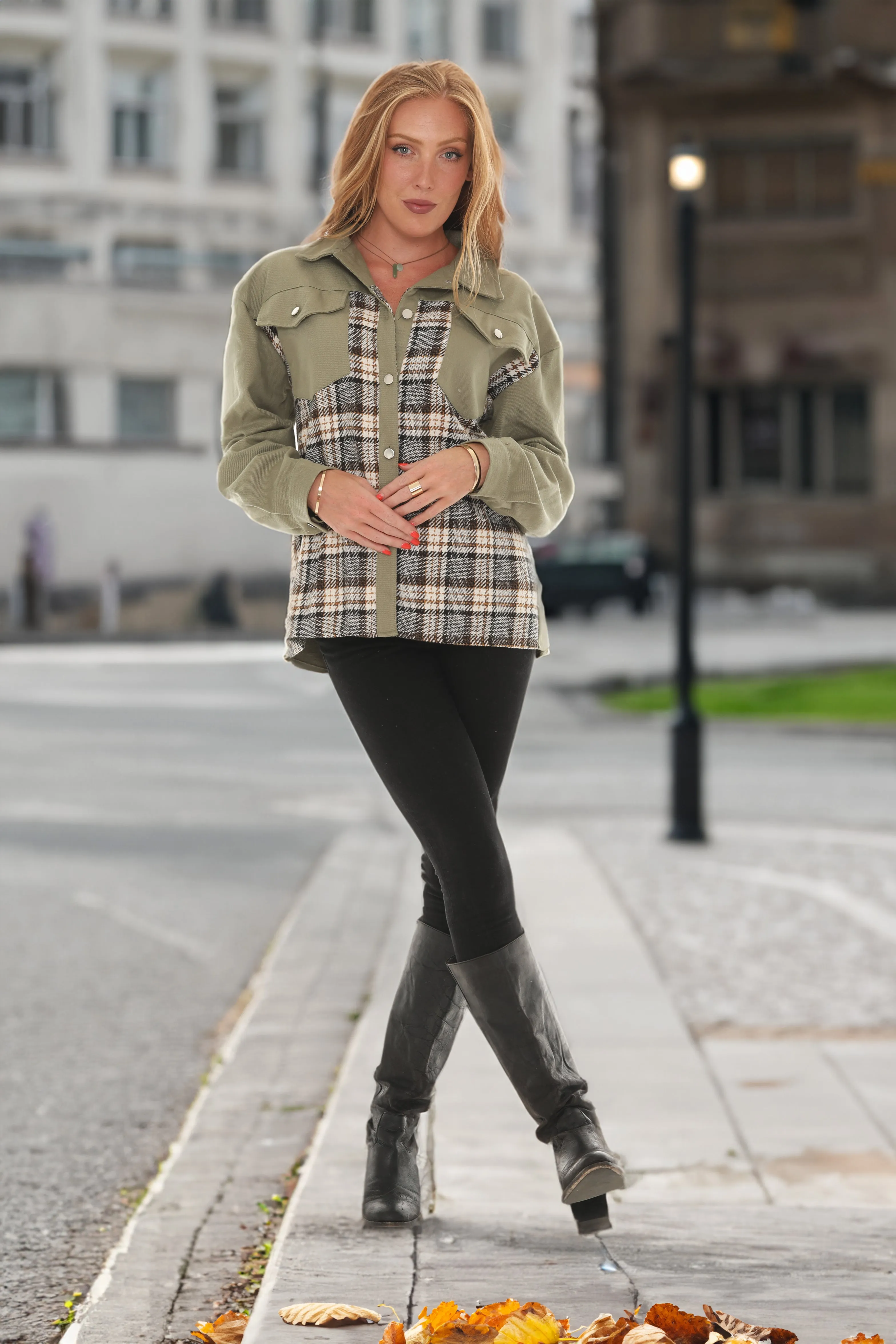 Denim Jacket with Plaid Inset sold by Charming Charlie