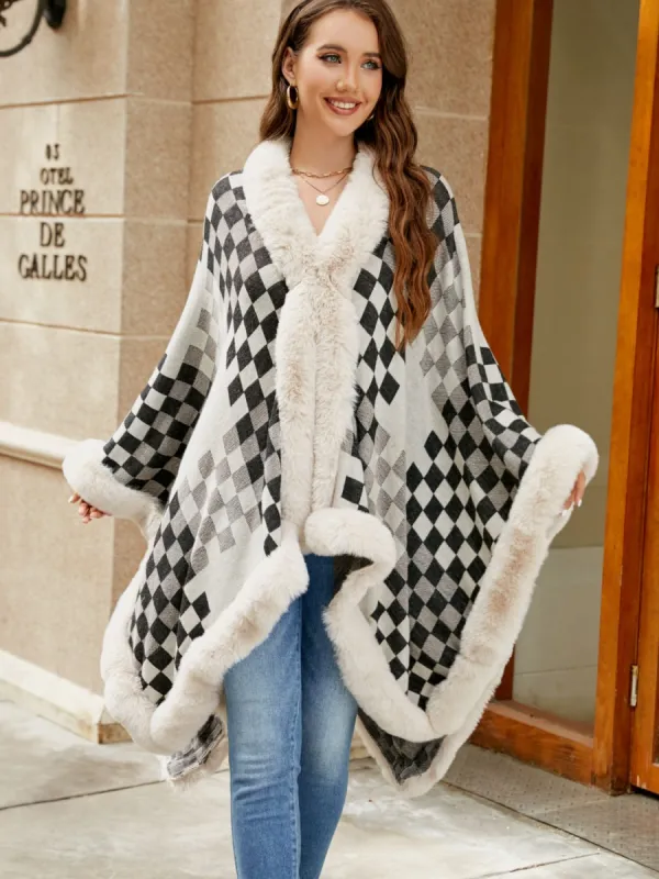 Checkered Faux Fur Trim Poncho sold by Charming Charlie