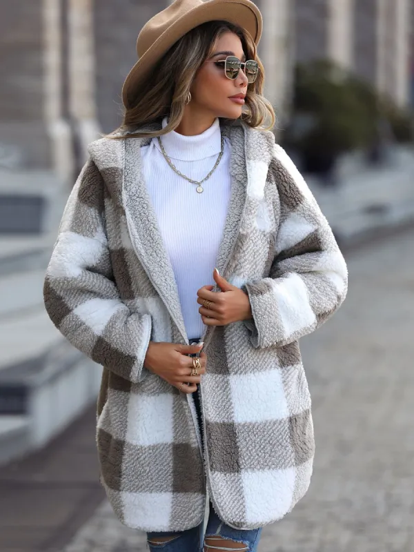 Plaid Open Front Hooded Coat sold by Charming Charlie